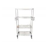 Metal Shelf Unit On Wheels With Removable Side Baskets And 2 Small Shelfs. 69 Inches H By 46 1/2 Inches W With Baskets 35 3/4 Inches W Without Baskets By 18 Inches Deep