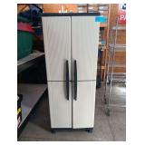 Outdoor Storage Container With 2 Doors and 5 Shelves. 26 3/4 Inches L By 16 Inches W By 68 Inches H