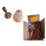 Box of change wrappers, antique crystal lamp, Astrovi car air pump