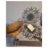 Two rod iron rivets or wall hangers, basket and a paper towel holder
