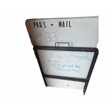 Porcelain table top used as dry erase board. Sign holder tent style