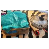 Box of uline Teal T Shirt Bags - Sleigh Cutting Board- Wire Basket Of Wire Key Rings