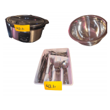 Tray of silverware, stainless bowl, Crock pot, stainless baking tray