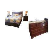Solid Wood Bedroom Set - 2 End Stands, 26 x 16 x 27 - Queen Size Lift Bed Frame with Sleigh Head board - Dresser , 60 x 19 x 40