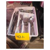 Tray of silverware, stainless bowl, Crock pot, stainless baking tray