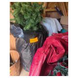 Assortment of Christmas trees, 4' - 6' trees. 3 trees altogether and a box of ornaments