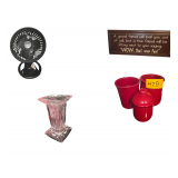 Red canisters, Friend sign, Honeywell family, & napkin holder, and vase