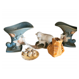 2 Roseville vases - Miniature Tea Set - Sheep Statue