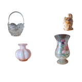 Fenton Small Melon Boudoir Vase/Bottle - Crystal Basket with Wire Handle - Crackle Glass Vase - Imported Vintage Figures