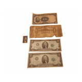 China 10 Yuan 1941 Series J/S - X Circulated Banknote -  1-cent United States postage stamp featuring a portrait of a beardless Abraham Lincoln, issued around 1959 - 1915 Mexican 5 Pesos banknote iss