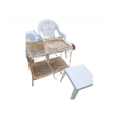 2 - Plastic Yard Chairs - Metal Tea Cart - Small Plastic Table