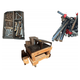Wooden Rolling Cart With Contents Including Screws and Weights