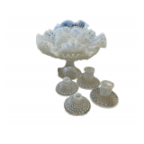 Hobnail Glassware Candleholders and Vintage Blue Opalescent Hobnail Fenton Glassware