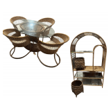 Wicker Indoor and Outdoor Set Including 62” x 36” x 30”Glass-top Table With 4 Chairs, Wicker Arch Shelf With Glass Pieces, and Wicker Baskets