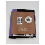 Buddy Holly Memorabilia Assortment - Royal New Orleans 1984 Commemorative Plate - Buttons - "What You Been A-Missin" CD Set - Purple Tapestry 45" x 52"