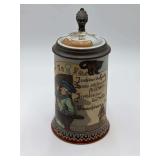 German Villeroy & Boch Mettlach etched beer stein, specifically Model No. 2090 titled "Woman and the Tavern" and signed by artist Heinrich Schlitt (damage) Antique German Military Reservist Beer Stein