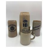 Mettlach German Beer Stein Number 1525 6”H. Marzi Remy German Beer Stein 7.5” Lowenbrauerei German Beer Stein 7.5”H. Hofbrau German Beer Stein 11”H.