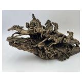 Bronze toned or Brass Chinese 9 Galloping Horses Stamped 13" x 7"