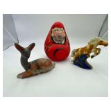 Japanese Daruma Doll Paper Machete 7" Tall Ceramic Horse 5" Tall , a Deer 4.5"