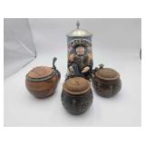4 German Beer Stein’s 5” 12”H.