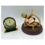 A Gatco Rotating Wood and Brass Musical Kaleidoscope 8.5" Wide 8" Tall with a Brass and Glass Clock 6" Tall