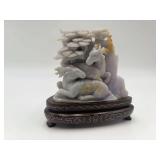 Carved Burmese Lavender Jadeite Figurine w/ Silver Tone Wire Inlaid Stand - Deer & Pine Tree Motif - "Longevity & Prosperity" Rebus - Includes 1981 Write Up, Invoice, & Box