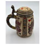 Mettlach Playing Card & Court Figure Motif Inlaid German Beer Stein 2093 Production Year 1894 6.25”H.