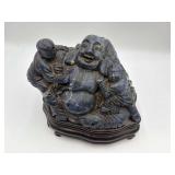 Carved Sodalite Budai (Laughing Buddha) Figurine w/ Children on Stand - 11" x 8" x 10"