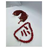 Vintage Red Coral Glass Multi Strand Trade Bead Necklace 22" Long , Chunky Red Coral Necklace 21" , with 4 Loose Pieces