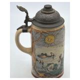 Antique Villeroy & Boch Mettlach Beer Stein (Mold #1909, Decoration #1038) w GESCHUTZT,  Vintage German Ceramic Beer Stein w Pewter Lid, featuring a Bavarian Coat of Arms w trademark of W. Corzelius 