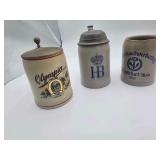 Olympia German Beer Stein 5.5”H. Frankfurt Main German Beer Stein 5”H. Hoffbrau German Beer Stein 6”H.