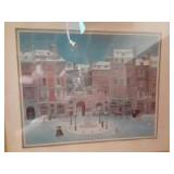 Hangable Snowy town painting with built in light fixtures 34x39