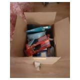 Box of miscellaneous items (sweeper pans, cleaning products, garbage bags, electrical chord etc.)