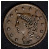 1837 LARGE CENT, VG/F