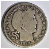 1915 BARBER HALF DOLLAR, VG KEY