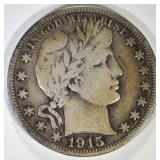 1915-S BARBER HALF DOLLAR, VF 1915-S BARBER HALF DOLLAR, VF