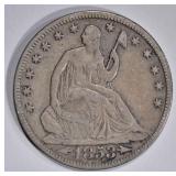 1853 WITH ARROWS & RAYS SEATED HALF DOLLAR, F+ 1853 WITH ARROWS & RAYS SEATED HALF DOLLAR, F+