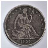 1858-O SEATED HALF DOLLAR, FINE 1858-O SEATED HALF DOLLAR, FINE