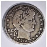 1913 BARBER HALF DOLLAR, FINE KEY DATE!