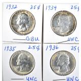 1932, 34, 35 & 36 BU SILVER QUARTERS 1932, 34, 35 & 36 BU SILVER QUARTERS
