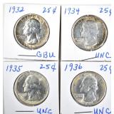 1932, 34, 35 & 36 BU SILVER QUARTERS