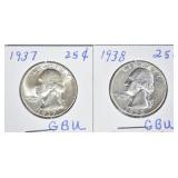 1937 BU & 1938 AU/ BU WASHINGTON QUARTERS