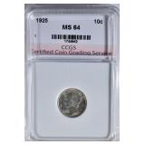 1925 MERCURY DIME CCGS CH BU