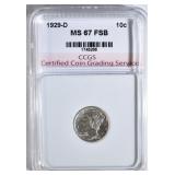 1929-D MERCURY DIME CCGS SUPERB GEM FSB