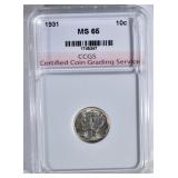 1931 MERCURY DIME CCGS GEM BU