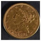 1893-CC $5 GOLD LIBERTY  AU