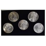 5-BU MORGAN DOLLARS IN DISPLAY BOX: