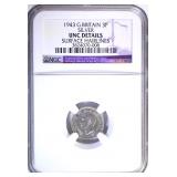 1943 G. BRITAIN 3 PENCE SILVER, NGC UNC details