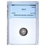 1901 SILVER 5 CENTS CANADA NNC CH BU