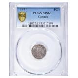 1911 SILVER 5 CENTS CANADA PCGS MS63